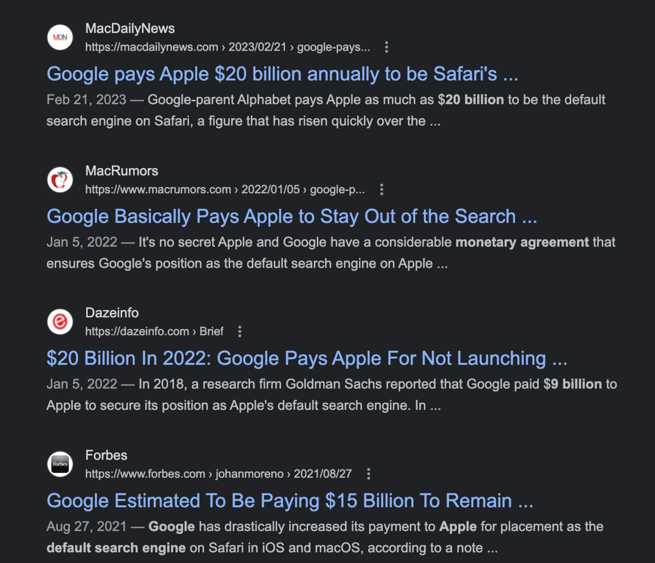 Report of the payments Google makes to Apple to remain the default search engine