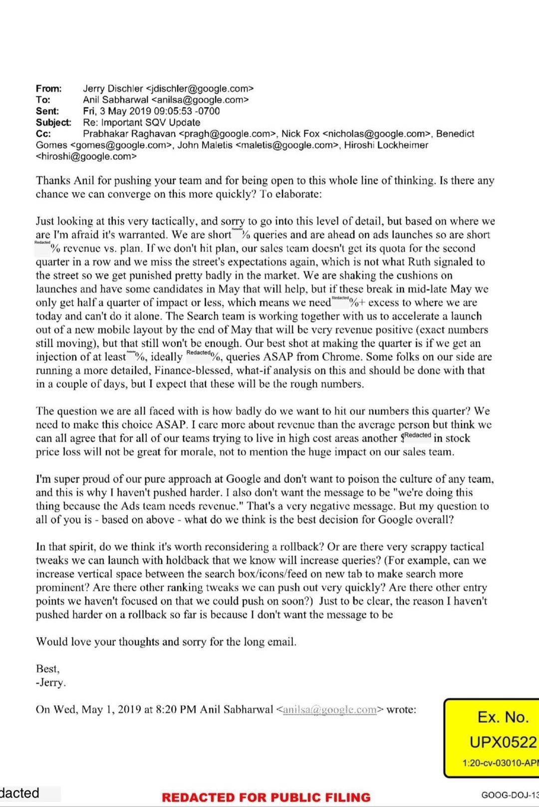 Redacted internal Google email from Jerry Dischler to Anil Sabharwal, dated May 3 2019, asking for an injection of queries from Chrome and other ranking tweaks to help the Ads team hit its revenue plan for the quarter