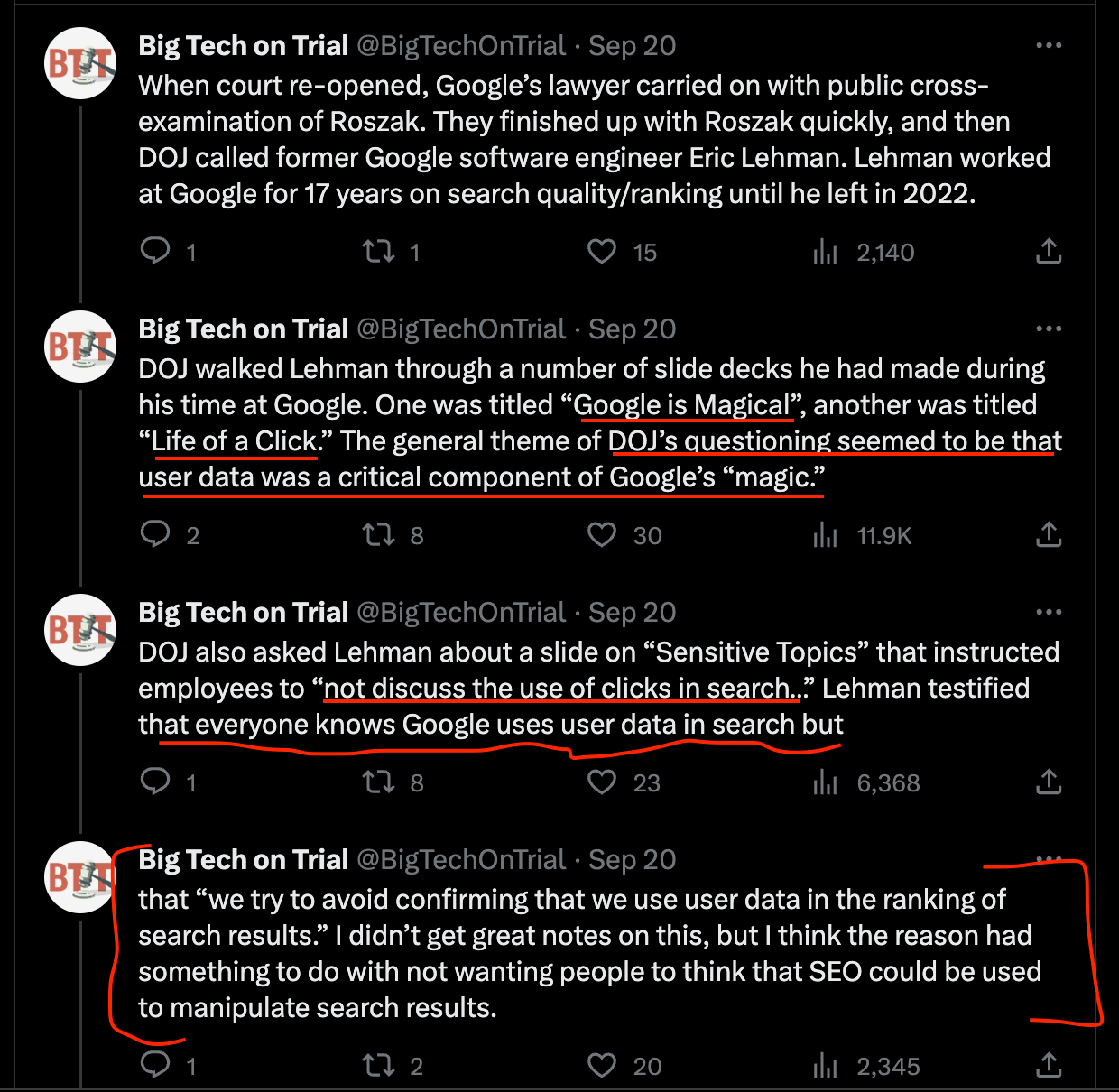 Screenshot of a Big Tech on Trial thread covering DOJ questioning of former Google engineer Eric Lehman, including a slide instructing employees not to discuss the use of clicks in search, and Lehman’s testimony that Google tries to avoid confirming that it uses user data in the ranking of search results