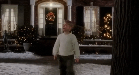 Kevin from Home Alone walking out into the snowy front yard at night — not afraid anymore