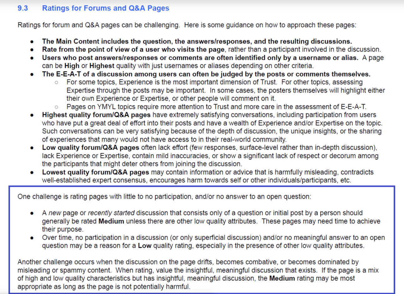 Excerpt from section 9.3 of the Quality Rater Guidelines, “Ratings for Forums and Q&A Pages,” with the highlighted passage on rating pages that have little to no participation and discussions that become combative