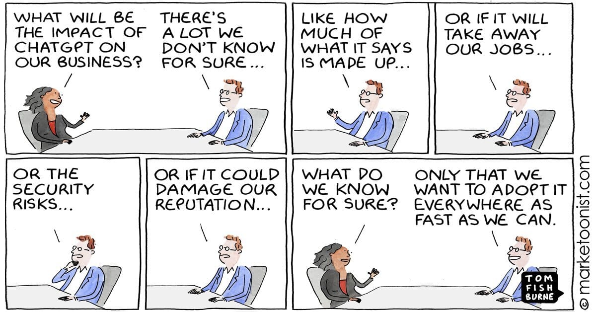 Cartoon about companies rushing to adopt ChatGPT